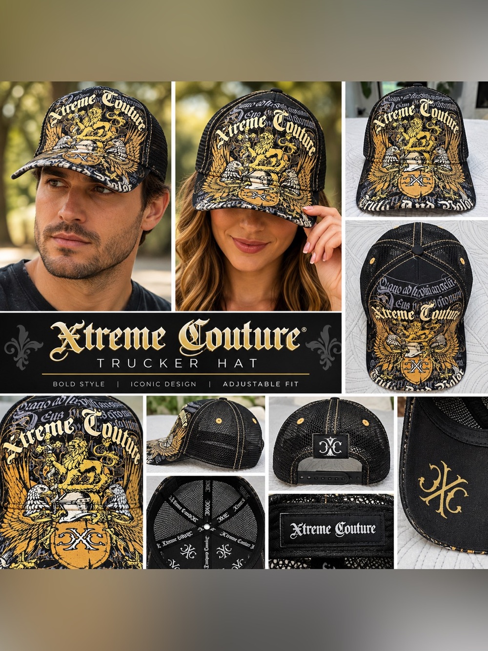 Xtreme Couture Black Gold Graphic Trucker Hat Mesh Snapback Adjustable